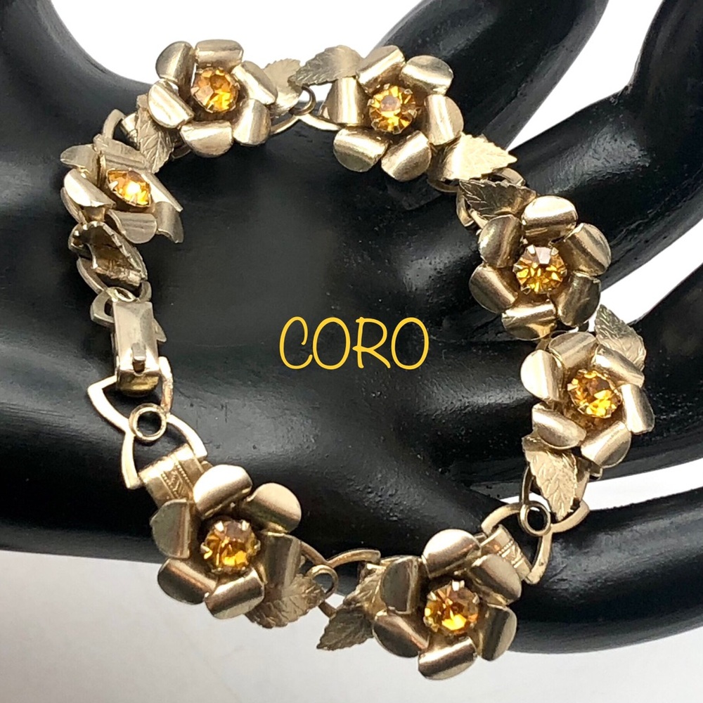 MCM Coro Topaz Glass Floral Links Gold Tone Bracelet